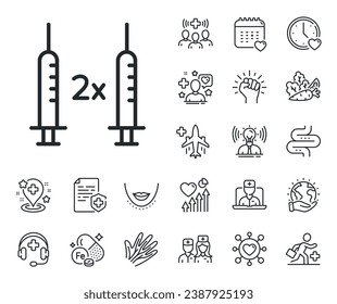 Corona syringe sign. Online doctor, patient and medicine outline icons. Coronavirus 2x vaccine line icon. Covid jab symbol. Coronavirus vaccine line sign. Vector