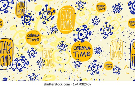 Corona time, stay home color pattern vector illustration for posters, flyers, cards, stickers, and professional design. Seamless repeat pattern design for fabric.