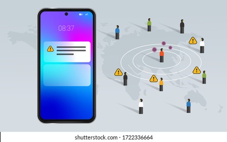 Corona tracking app on smartphone for covid-19 virus alert with mobile technology keep save away from infected people and area