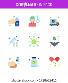Corona virus 2019 and 2020 epidemic 9 Flat Color icon pack such as  antigen; virus vaccine; sickness fever; protection; transport viral coronavirus 2019-nov disease Vector Design Elements