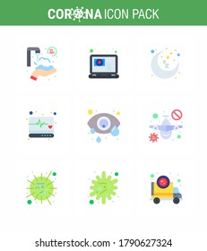 Corona virus 2019 and 2020 epidemic 9 Flat Color icon pack such as  eye; medical monitor; moon; supervision; emergency viral coronavirus 2019-nov disease Vector Design Elements