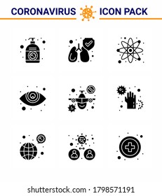 Corona virus 2019 and 2020 epidemic 9 Solid Glyph Black icon pack such as  travel; plane; atom; ophthalmology; eye care viral coronavirus 2019-nov disease Vector Design Elements