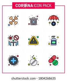 Corona virus 2019 and 2020 epidemic 9 Filled Line Flat Color icon pack such as lotion; warning; medical; notice; team viral coronavirus 2019-nov disease Vector Design Elements