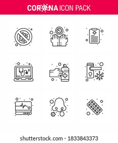Corona virus 2019 and 2020 epidemic 9 Line icon pack such as  hands; service; infect; online; check viral coronavirus 2019-nov disease Vector Design Elements