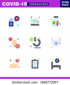 Corona virus 2019 and 2020 epidemic 9 Flat Color icon pack such as  laboratory; bacteria; drugs; hands; dirty viral coronavirus 2019-nov disease Vector Design Elements
