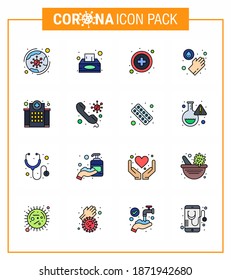 Corona virus 2019 and 2020 epidemic 16 Flat Color Filled Line icon pack such as hospital; building; tissue box; washing; hands viral coronavirus 2019-nov disease Vector Design Elements