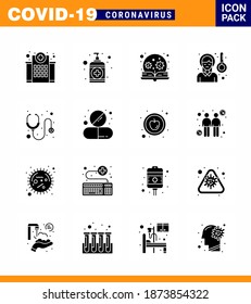 Corona virus 2019 and 2020 epidemic 16 Solid Glyph Black icon pack such as sick; headache; care; head; search viral coronavirus 2019-nov disease Vector Design Elements