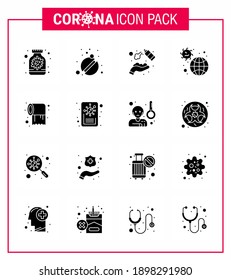 Corona virus 2019 and 2020 epidemic 16 Solid Glyph Black icon pack such as virus; infection; alcohol; incident; washing viral coronavirus 2019-nov disease Vector Design Elements