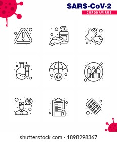 Corona virus 2019 and 2020 epidemic 9 Line icon pack such as  medical; insurance; soap; laboratory; chemical viral coronavirus 2019-nov disease Vector Design Elements