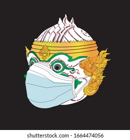 CORONA VIRUS 2019 CONCEPT. Vector of Hanuman. A character from the Thai epic Ramakien. Wearing a mask to protect Corona Virus. COVID-19. svg