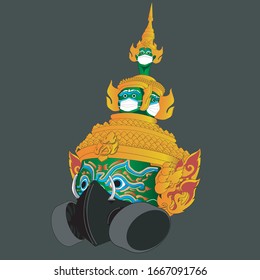 CORONA VIRUS 2019 CONCEPT. Vector of Thotsakan. A character from the Thai epic Ramakien. Wearing a mask to protect Corona Virus. COVID-19. svg
