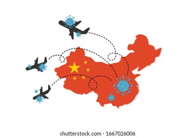 corona virus 2019-nCoV. China pathogen respiratory coronavirus. Flu spreading of world. Planes transfer influenza virus cells out of China. Dangerous Chinese ncov corona virus, pandemic risk alert
