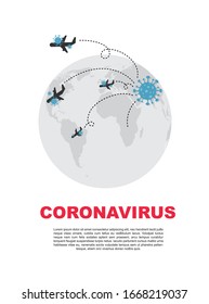 corona virus 2019-nCoV. China pathogen respiratory coronavirus. Flu spreading of world. Planes transfer influenza virus cells out of China. Dangerous chinese ncov corona virus, SARS risk alert