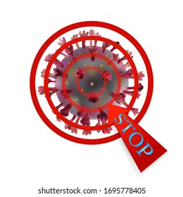 Virus Corona 2020. La flecha detiene el objetivo en el centro sobre un fondo blanco. Icono aislado del vector