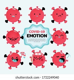 Corona Virus 2020. Cartoon emotions of bacteria COVID-19, dangerous Coronavirus Cell. Vector illustration.