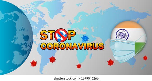 Corona Virus 2020. Coronavirus attack to India. Covid-19 diseases. Corona Virus logo. Mask with Indian flag. Coronavirus worldwide. 2019-ncov icon, symbol, infographic. Corona Virus in India.