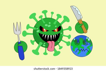 Corona Virus 2020 or covid-19 cartoon will Spread and devour the world Like eating the world, Concept of the rapid spread of the coronavirus, influenza pandemic, flat design vector illustration.