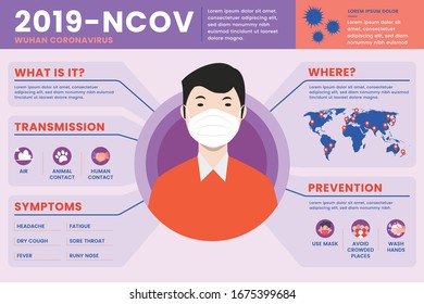 Corona Virus 2020 Info Graphic.  Infected Countries And Prevention Tips. Health And Medical Vector Illustration. CoVID-19 Virus Outbreak Spread. Corona Virus Infographics Vecto