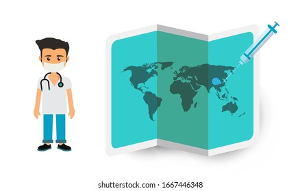 Corona Virus 2020. Wuhan virus disease, virus infections prevention methods infographics and doctor vector . Infographic, Logo, symbol. world map with a doctor and corona virus vaccine vector