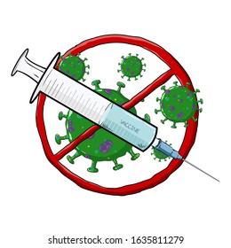 Corona Virus 2020.covid-19.Vector image of vaccination concept of stopping coronavirus.Corona virus cell is crossed out with red STOP sign.White background.vector illustration.