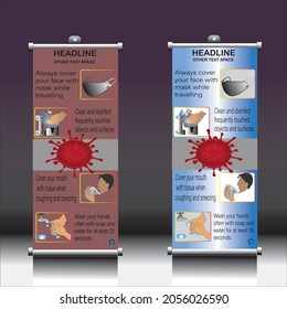 Corona virus 2021-n cov,stand roll-up banner disign,roll-up banner for posting information,illustration of deadly virus,corona virus infection,covid19 virus concept,banner layout Editable vertical tem