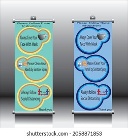 Corona virus 2021-n cov,stand roll-up banner disign,roll-up banner for posting information,illustration of deadly virus,corona virus infection,covid19 virus concept,banner layout Editable vertical tem