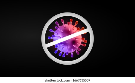 El virus Corona 3d es un vector realista con señal de aviso de parada en fondo oscuro. coronavirus, enfermedad del virus wuhan. Perfecto para información de banner, volante, póster, etc. Ilustración vectorial eps10