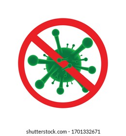 Aviso 3d realista del virus Corona. Modelo de cepa de virus abstracto. El coronavirus novedoso es tachado con el signo de PARADA roja