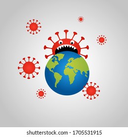 Concepto de ataque de virus corona, alimentación de virus en la tierra, COVID-19, ilustración vectorial
