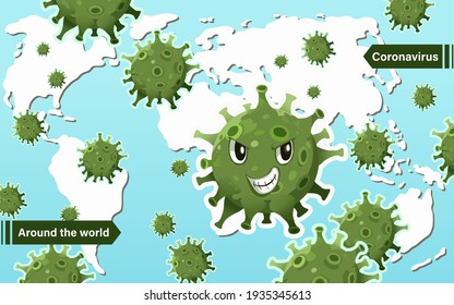  Corona virus attack earth in cartoon characters, flat isolated vector icon of Corona Virus Sign, concept of Covid-19 infection, Coronavirus covid-19. Illustration of logo, symbol a infographic elemen