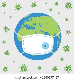 Corona Virus , Corona Virus Attack On Earth / World , Earth Wearing Mask To Fight Back Corona Virus Attack Earth , Illustration Vector Design 