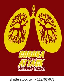 corona virus attack, warning travel label sticker with lungs illustration, vector in eps10