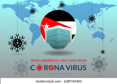 Corona virus attacked to Jordan. Covid-19 diseases spread out worldwide. World map and Corona Virus. Mask with Jordan Flag. Coronavirus prevention method illustion, logo. 2019-nocov in Amman Jordan.