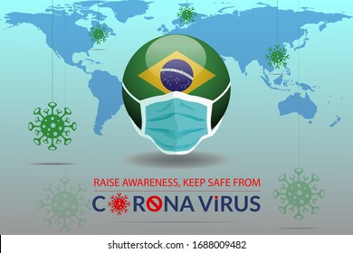 Corona virus are attacking to Brazil. Covid-19 diseases spread out worldwide. World map and Corona Virus. Mask with Brazil Flag. Coronavirus prevention method illustion, logo. 2019-nocov in Brazil.