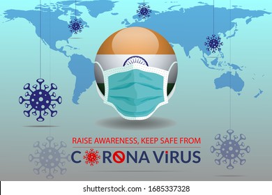 Corona virus are attacking to India. Covid-19 diseases spread out worldwide. World map and Corona Virus. Mask with Indian Flag. Coronavirus prevention method illustion, logo. 2019-nocov in India.