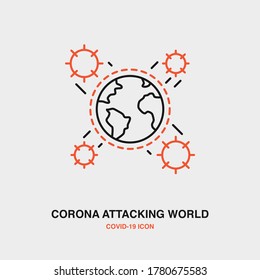 Virus Corona atacando el icono de la línea de color mundial sobre fondo aislado. COVID-19, Virus Corona, Salud, Icono de concepto de infección.