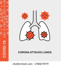 Corona Virus Attacks Lungs Colored Linear Icon on Isolated Background. COVID-19, Corona Virus, Infection Concept Icon.