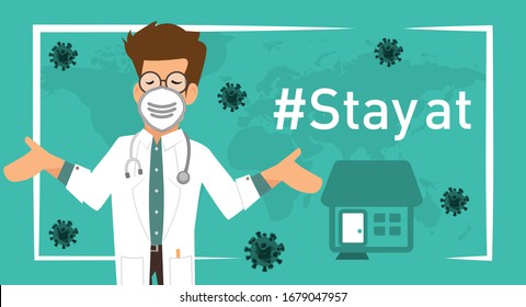 Corona virus Awareness banner illustration for support and health care. doctor's face wearing medical mask. Stay at home. Vector