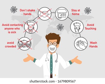 Corona virus Awareness banner illustration for support and health care. doctor's face wearing medical mask. Tips and advice through icons. Vector illustration