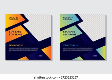 Corona virus awareness campaign social media post deisgn template. Stay safe stay home square medical flyer design for Covid-19