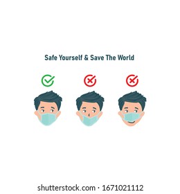 Corona Virus Awareness. How to wear a protective mask correctly.  avoiding air pollution or avoiding viruses or illness. Vector Graphic in white background