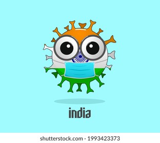 vector de carácter bacteriano del virus de corona con máscara, sobre un fondo de bandera india, advertencia de ilustración para llevar una máscara, ideal para icono, mascota, decoración de advertencia de prevención del coronavirus
