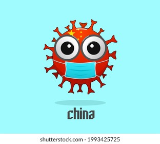 corona virus bacteria character vector wearing a mask, on a chinese flag background, illustration of a warning to wear a mask, ideal for icon, mascot, coronavirus prevention warning decoration