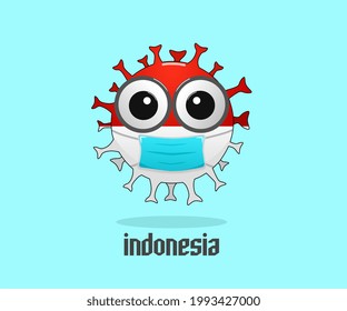 Corona virus bacteria character vector wearing a mask, on the Indonesian flag background, illustration of a warning to wear a mask, ideal for icon, mascot, coronavirus prevention warning decoration