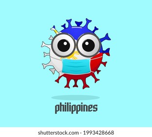 corona virus bacteria character vector wearing a mask, on the philippines flag background, illustration warning to wear a mask, ideal for icon, mascot, coronavirus prevention warning decoration