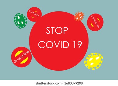 Bacterias del virus de Corona con frenada covid 19, corona, bloqueo y marcas de cuarentena. Diseño infantil