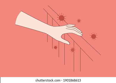 Corona virus bacterias danger concept. Human hand touching surface with COVID-19 2019-nCoV germs spreading and having direct physical contact with dangerous disease vector illustration