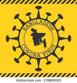 Corona virus in Bangladesh sign. Round badge with shape of virus and Bangladesh map. Yellow country epidemy lockdown stamp. Vector illustration.