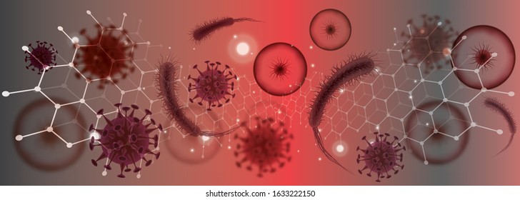 Corona virus banner for awareness & alert about disease spread, symptoms or precautions. Coronavirus design with bacteria, germs, virus microscopic view background. Contagious Respiratory problem.