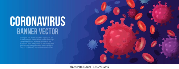 Corona Virus banner vector with microbe on blue background. Covid-19, allergy bacteria, medical healthcare, microbiology concept. Pandemic risk background vector illustration